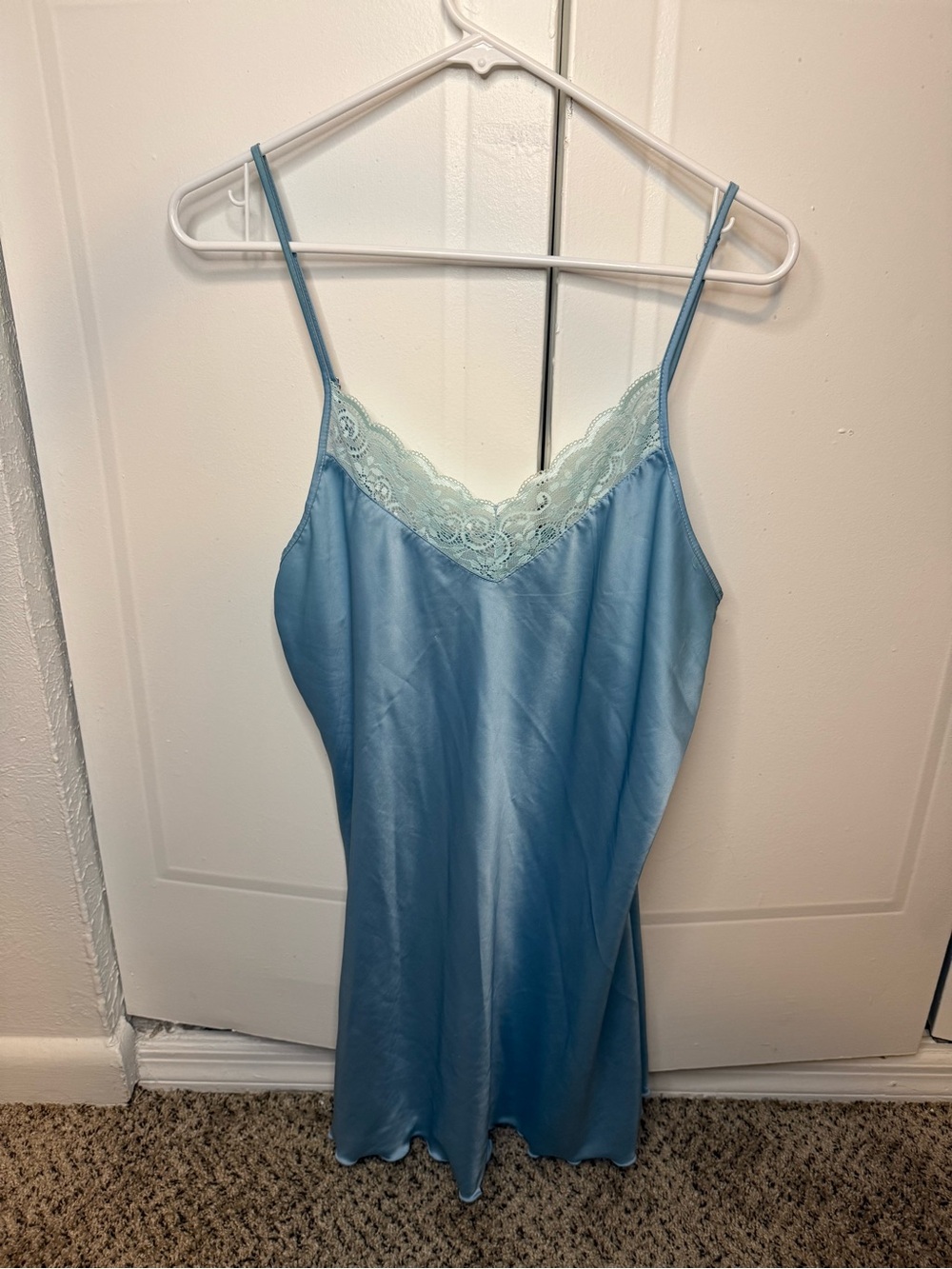Light Blue Satin Lace-Trim Chemise Slip